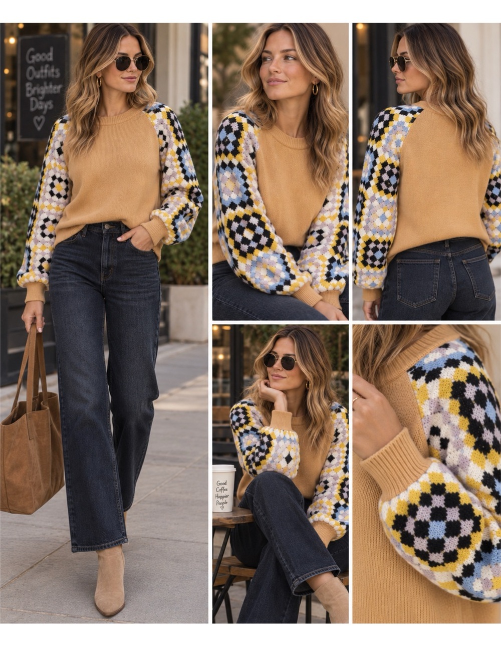 SOUTHERN GRACE Enchanting Crochet Sleeve Yellow Knit Sweater